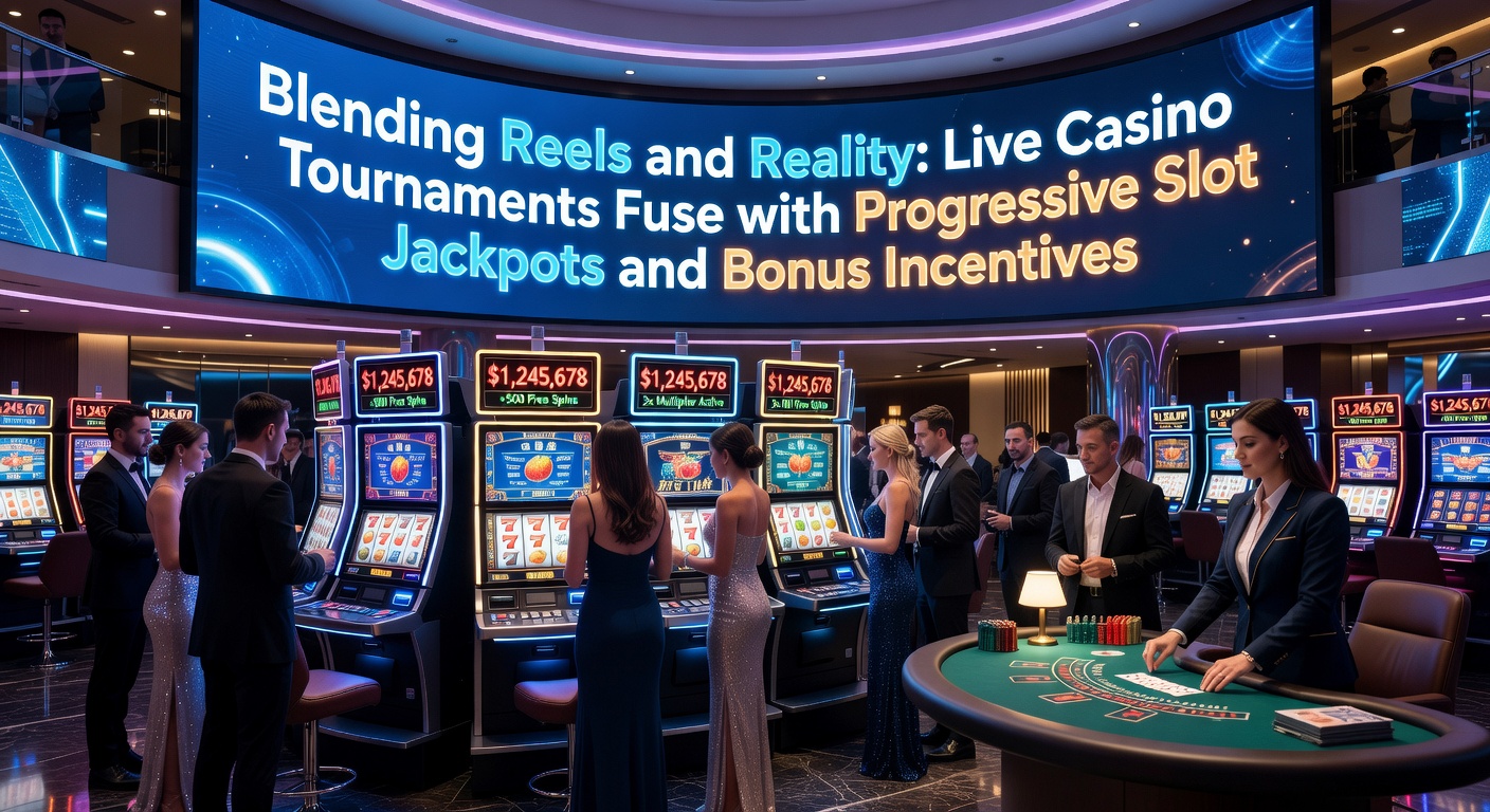 Live-Dealer bei einem Casino-Turnier mit drehenden Slot-Rollen im Hintergrund, die Jackpots und Boni symbolisieren