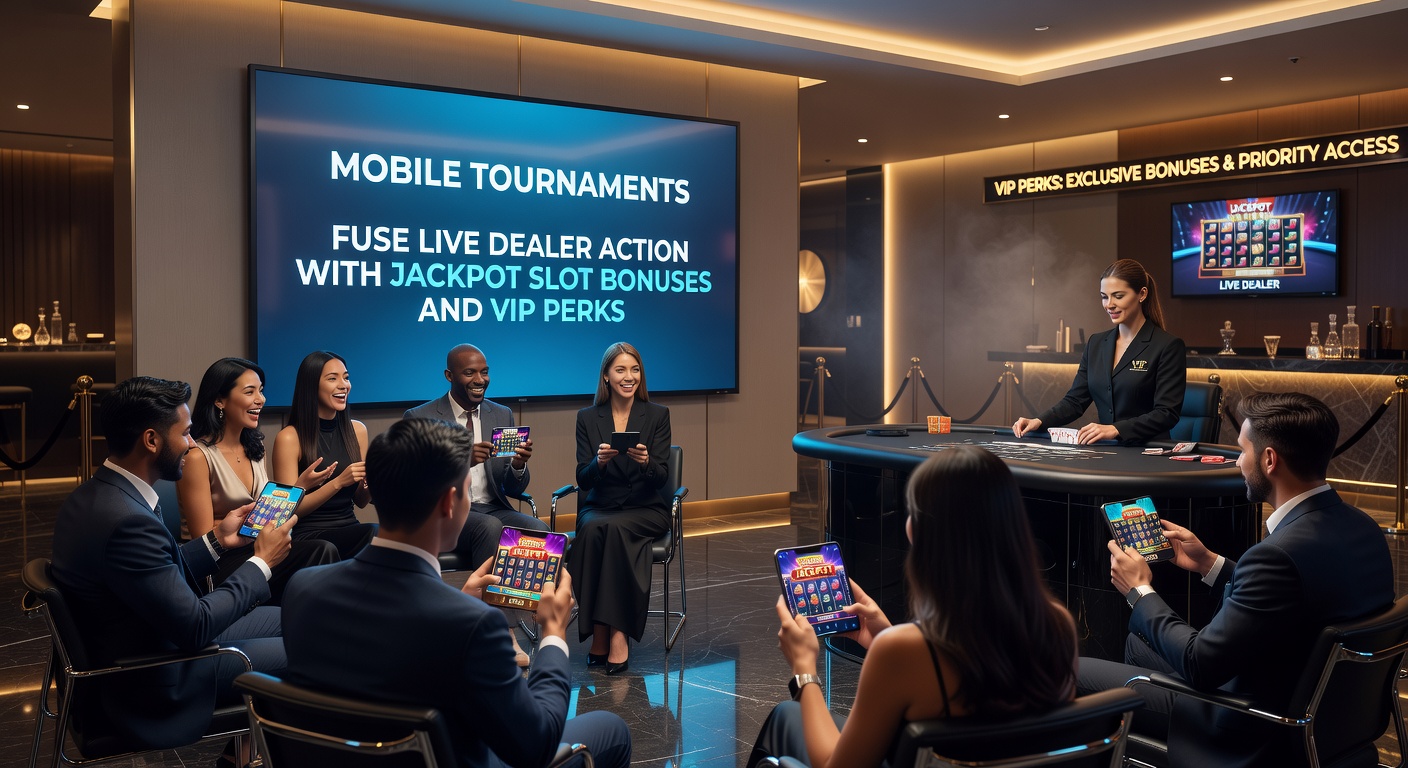 Smartphone mit laufendem Mobile-Turnier, das Live-Dealer-Spiele und Slot-Jackpots zeigt, umgeben von VIP-Symbolen