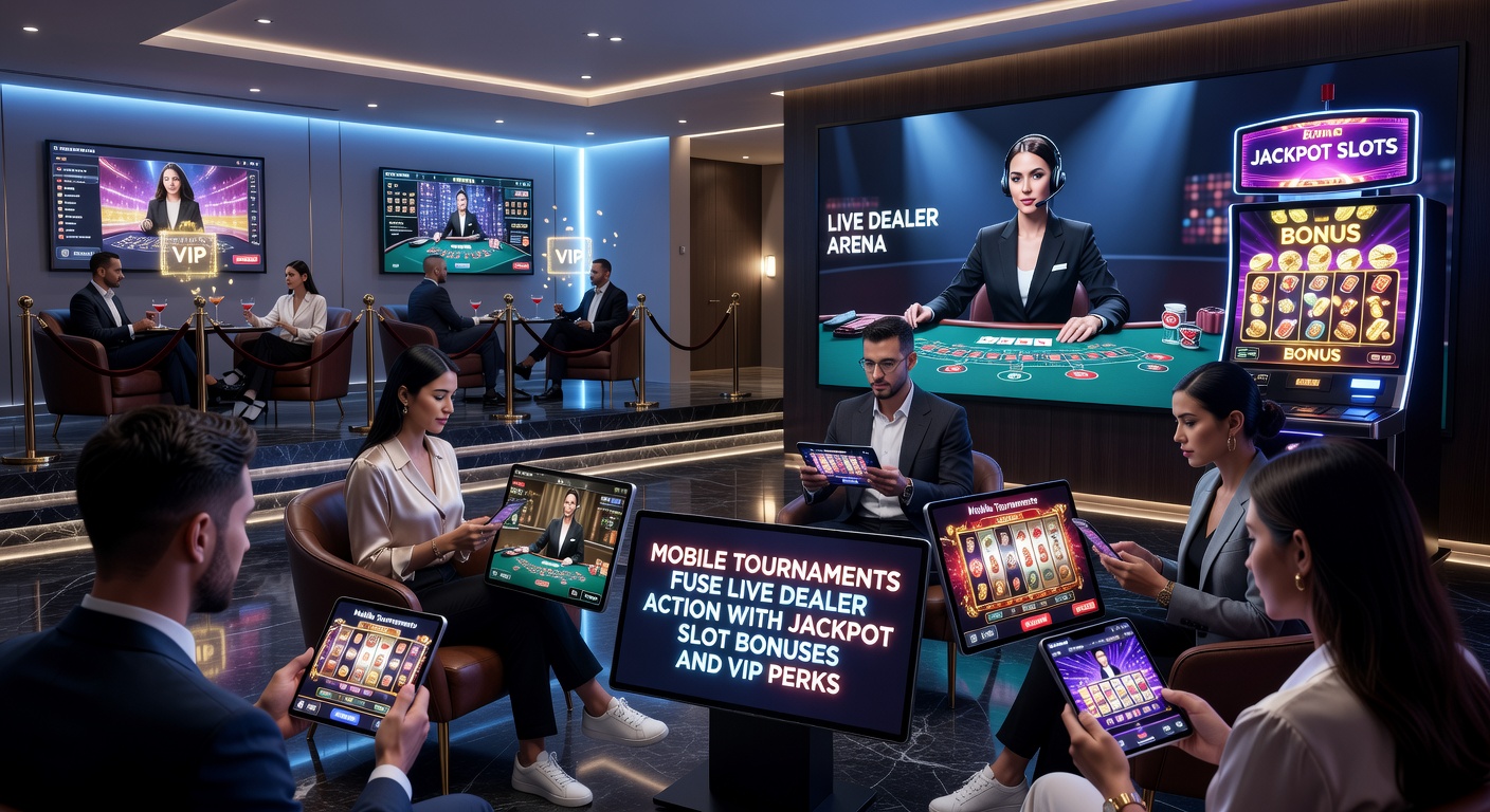 Detaillierte Ansicht eines VIP-Mobile-Turniers mit Jackpot-Symbolen, Live-Dealer-Stream und Leaderboard auf einem Tablet