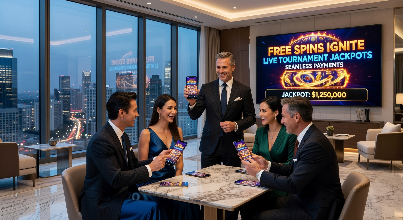 Smartphone mit leuchtenden Free-Spins-Symbolen und Jackpot-Walzen im VIP-Turnier-Modus, umgeben von nahtlosen Zahlungsikonen